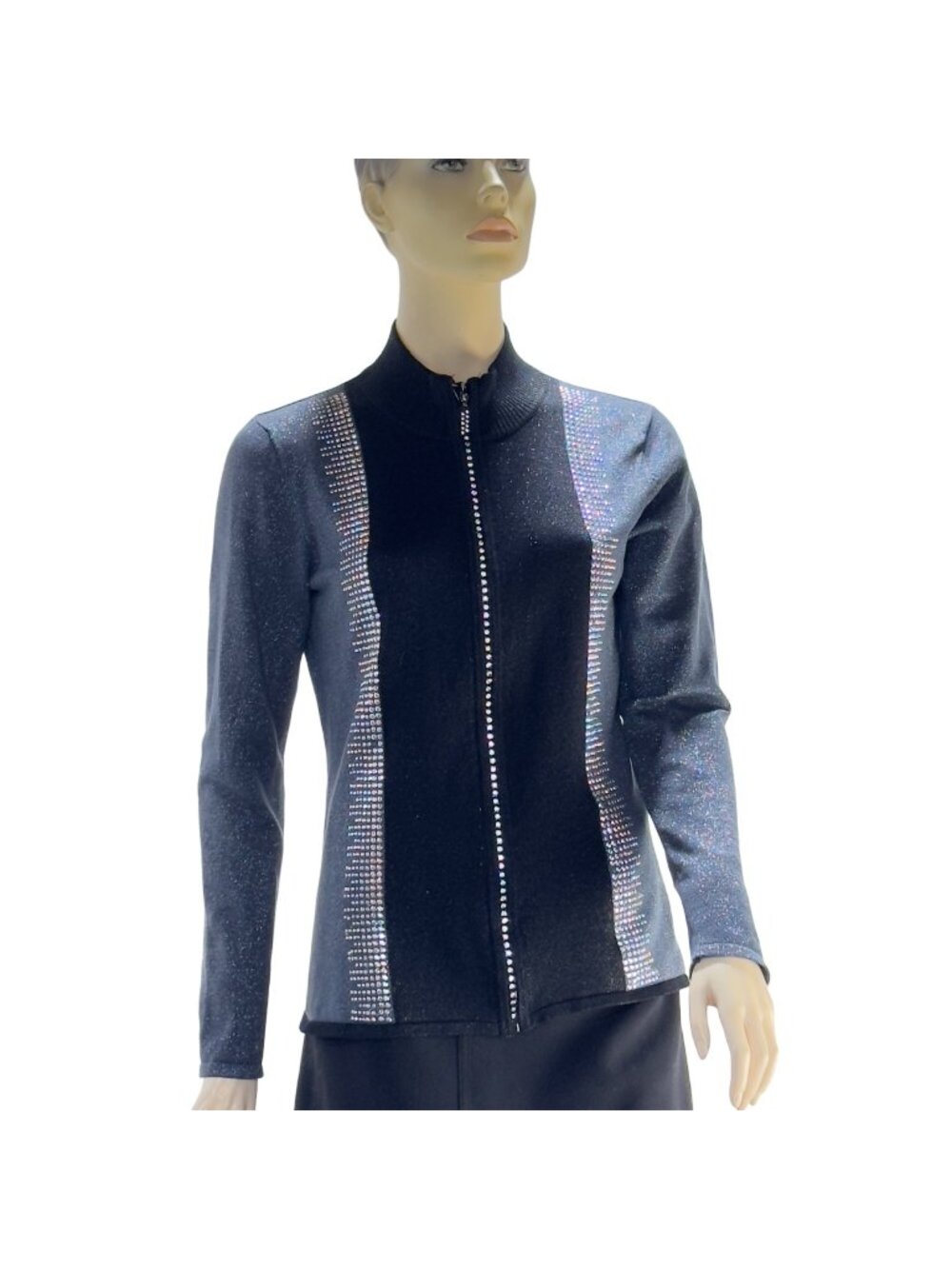 FONTANA Women’s Sweater Gray Black Jeweled Zipper Stretch LS Mock Turtle Size M